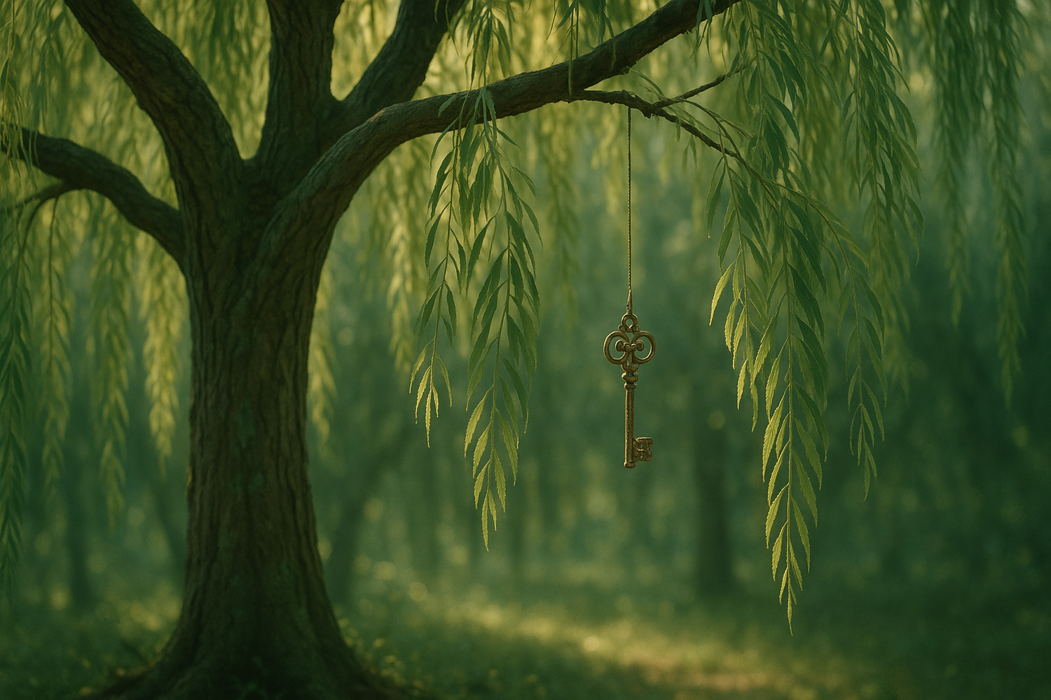 willow tree and small old fashion key hanging from branch